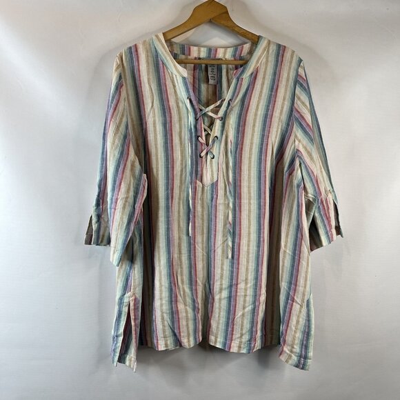 Catherines Womens Linen Tunic Top Size 1XWP Multicolor Striped Pullover - Picture 2 of 10